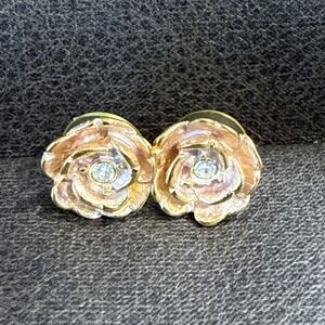 Vintage Graziano Gold Tone Flower‎ Rhinestone Stud Earrings Pierced Signed
